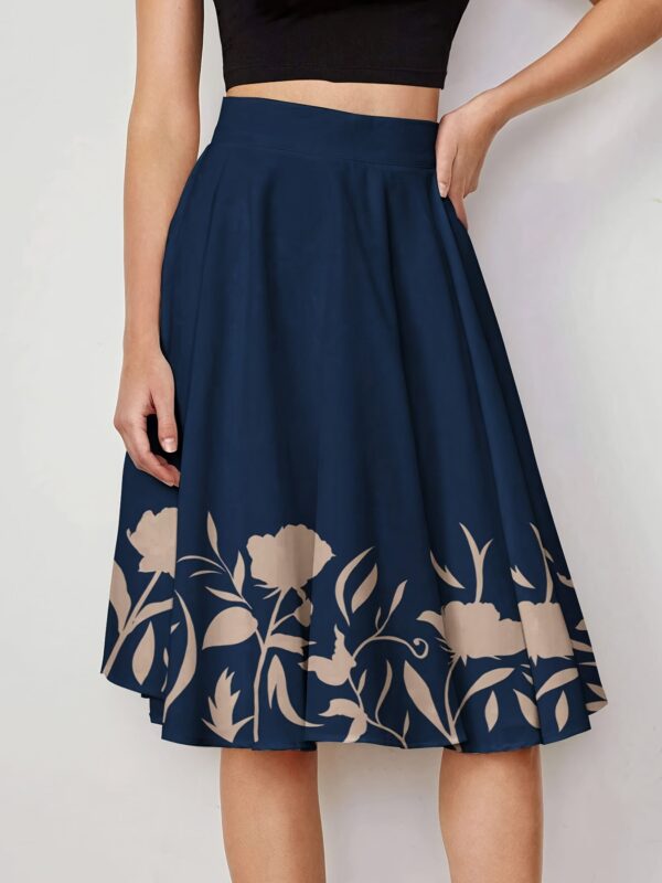 Women'S Elegant Floral Print A-Line Skirt - High-Waisted, Flowy Design with White Flowers on Dark Blue, Perfect for Vacation or Casual Outings, Casual Outing Attire | Floral Print Skirt | Polyester Fabric - Image 4