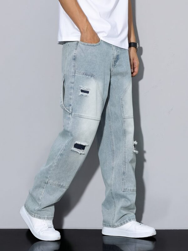 Men's high-end retro ripped patchwork light-colored jeans, perfect for all seasons, worth having. - Image 3