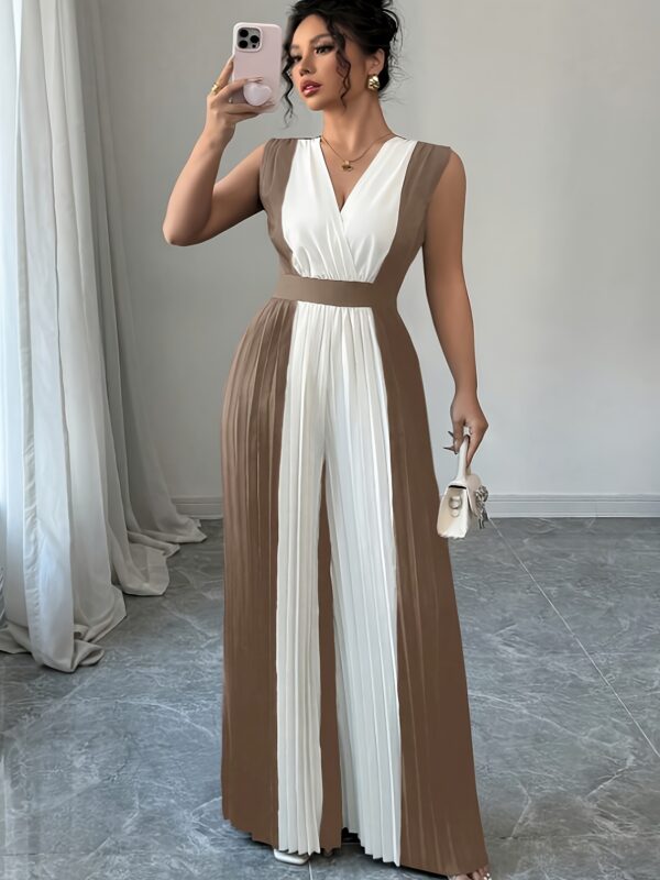 Elegant Two-Tone Pleated Jumpsuit - Sleeveless V-Neck, Long Length, Perfect for Night Outs & Casual Attire, Versatile Fashion | Stylish Jumpsuit | Elegant Jumpsuit