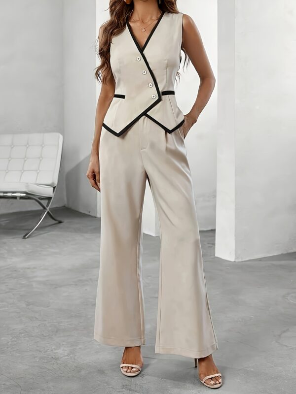 Elegant Women'S Sleeveless Blouse and Pants Set with Contrast Stitching - Beige, Fake Pocket Detail, Spring/Summer Fashion, Stylish High Heel Sandals, Stylish Attire|Minimalist Style|Contrast Stitch Detail - Image 3