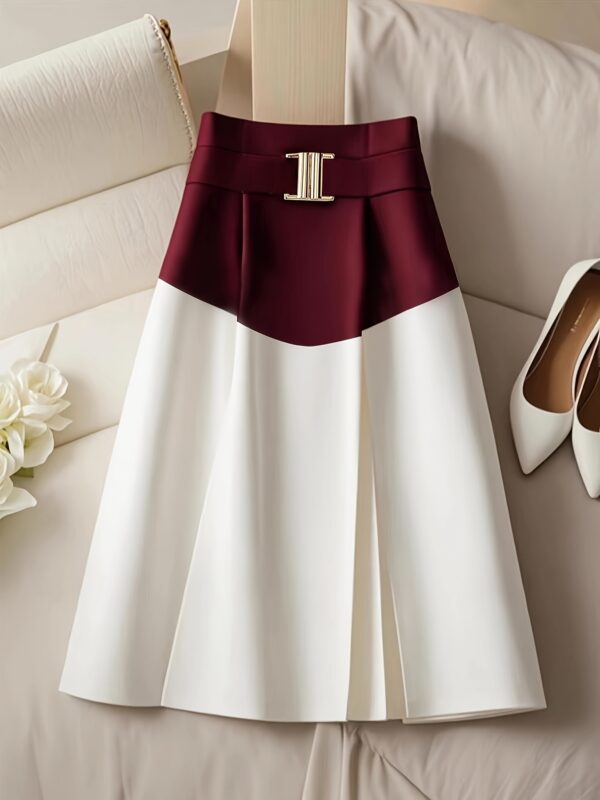 Elegant Color-Block Skirt with Belt - High-Waisted, Flowing Design, Polyester Blend, Perfect for All Seasons - Chic Suit Skirt for Women, Office or Casual Wear