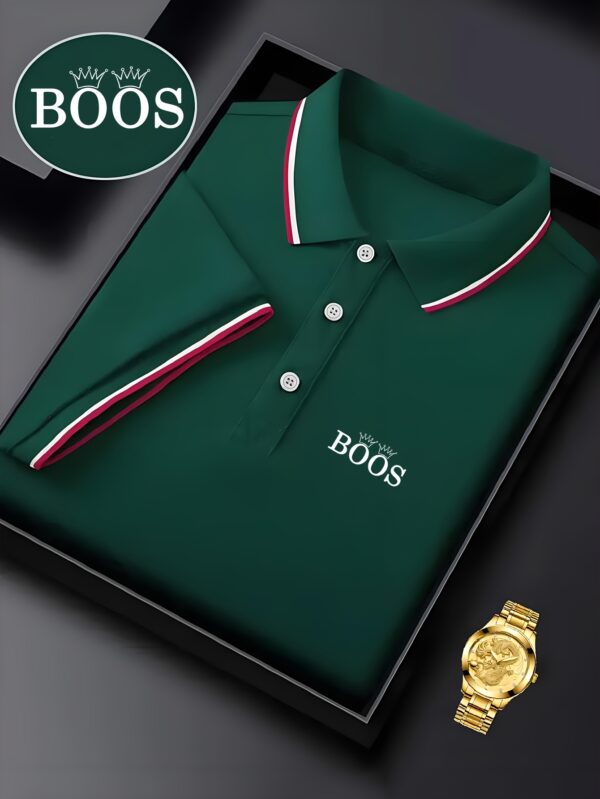 BOOS Men's Classic Shirt - Breathable Summer Short Sleeve, Navy Blue with Red & White Striped Collar, Casual Business & Tennis Training, High-End Polyester Fabric, Button-Up Design - Image 4