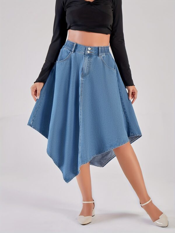 Women's Casual Denim Skirt - Asymmetrical Flared Mid-Length Blue Jeans Skirt, Breathable Lightweight Non-Stretch Fabric, Machine Washable for Spring Summer Fall, Seasonal Fashion, Comfortable Wear - Image 5