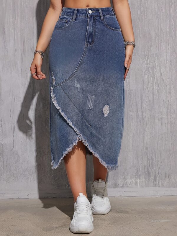 Asymmetrical Long Denim Skirt for Women with Distressed Holes And Frayed Edges, Featuring a Vintage Wash.