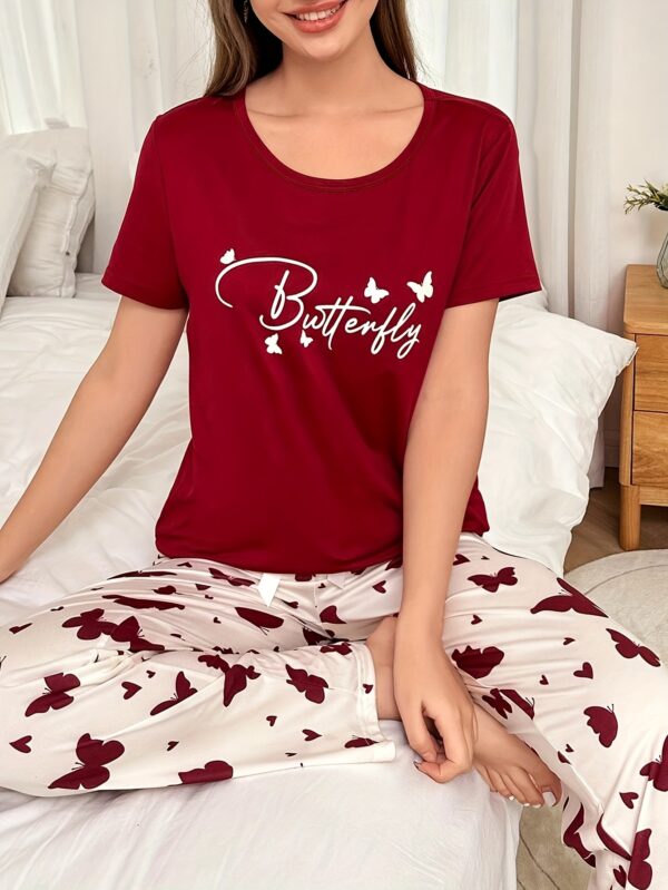 Women'S Casual Pajama Set with Red Butterfly Print and Letter Design, Long Pants, Round Neck - Comfortable and Stylish Sleepwear for All Seasons, Everyday Loungewear|Playful Pajama Set|Butterfly Print Pants - Image 10
