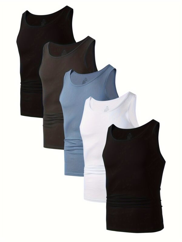 5-Pack Men'S Cotton Tank Tops, Breathable Crew Neck Vests, Casual Solid Color All-Season Knit Fabric Tops, Medium Stretch Regular Fit Undershirts - 100% Cotton, 160g/m²