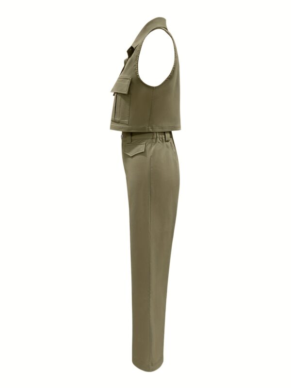 Stylish Solid Color Pocketed Collar Jacket/High Waist Loose Wide Leg Pants Casual Slim Fit Set - Image 7