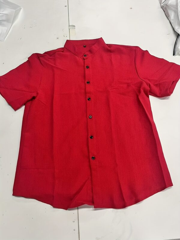 Men's Casual Button-Up Shirt - Lightweight Red Non-Transparent Fabric, Machine Washable Stand Collar Shirt for Office, Formal Events & Casual Attire - Breathable Summer Business Casual Clothing, Geometric Pattern Fabric, Woven Texture, Office Attire, Durable Material, Professional Attire - Image 2