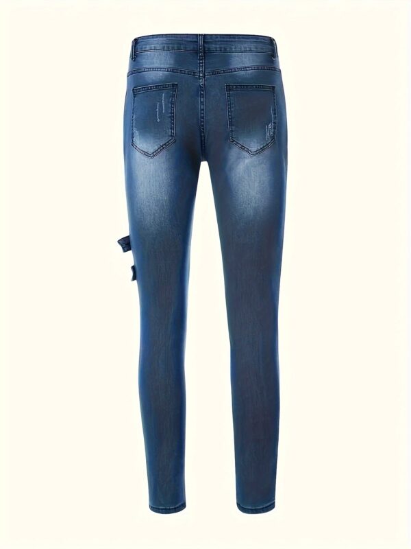Men's Streetwear Distressed Skinny Jeans with Zipper Pockets - Stretch Denim Regular Fit Blue Casual Pants for All-Season Wear, Street Style Clothing | Ripped Design Jeans | Durable Fabric Jeans, Ripped Jeans - Image 6