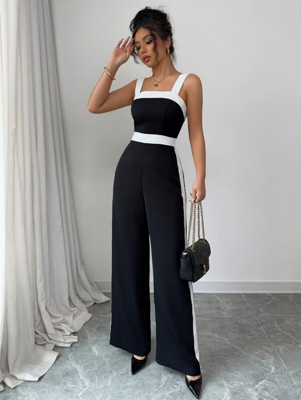Elegant Color Block Square Neck Sleeveless Jumpsuit for Women - High Waist Wide-Leg Pants with Contrast Trim, Black & White Striped Design, Perfect for Summer Commute or Casual Outings, Office Chic Outfit, Highwaisted Jumpsuit, Stylish Outfit, Quality Fabric - Image 3