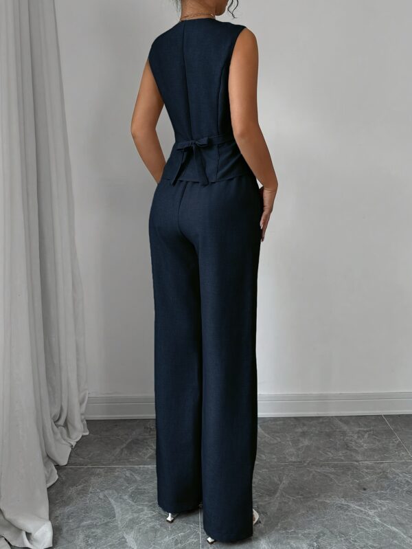 Women'S Elegant Sleeveless V-Neck Waist Tie Front Vest and Straight Leg Pants Set - Solid Color, High-Waisted Wide-Leg Pants with Button Details, Perfect for Spring/Summer Commute or Casual Outings, Versatile Fashion | Sleek Modern Look | Button Detailing - Image 11