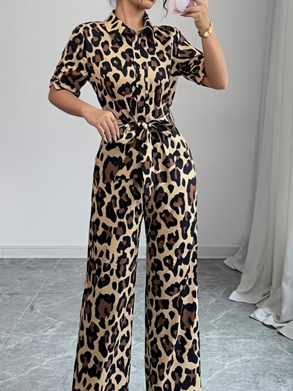Women's 2025 Summer Leopard Print Jumpsuit - Elegant Short Sleeve Wide-Leg Pants Romper with Button Front, Loose Fit & Princess Sleeves for Casual to Formal Occasions, Adult Clothing | Chic Ensemble | Button Front Design - Image 4