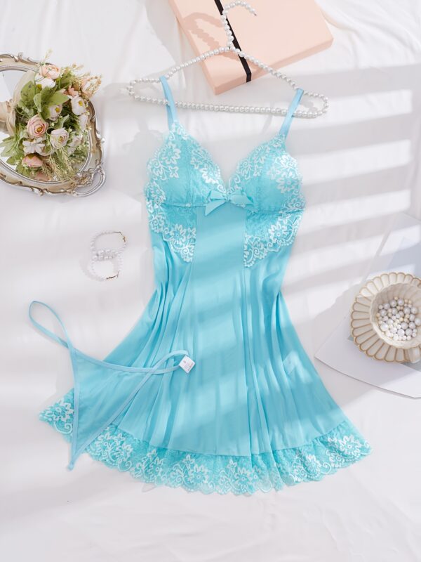 V-neck Two-Tone Lace Sheer Mesh Bow Halter Dress + Thong Set, Sexy Fashion Women's Lingerie Sleepwear