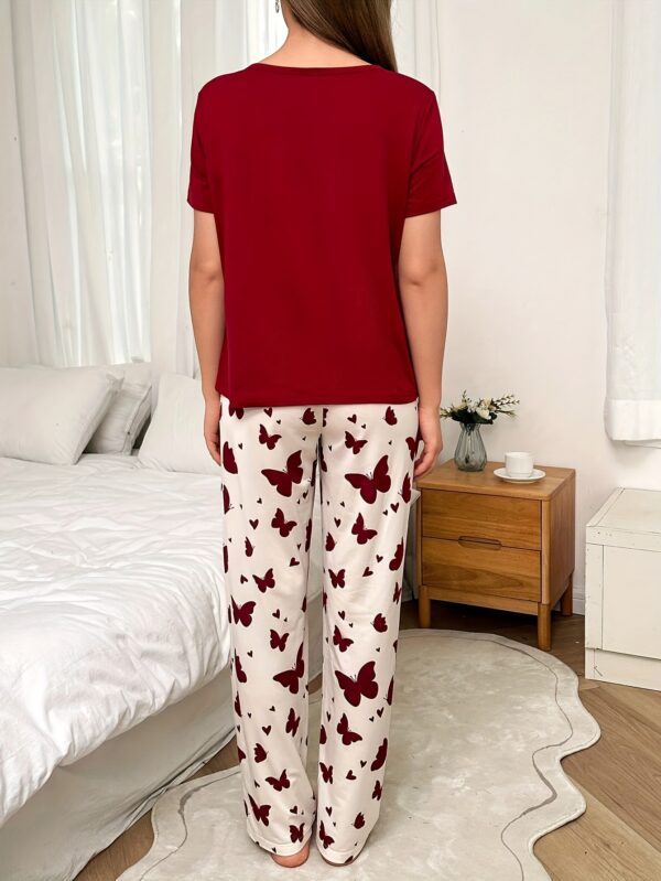 Women'S Casual Pajama Set with Red Butterfly Print and Letter Design, Long Pants, Round Neck - Comfortable and Stylish Sleepwear for All Seasons, Everyday Loungewear|Playful Pajama Set|Butterfly Print Pants - Image 4