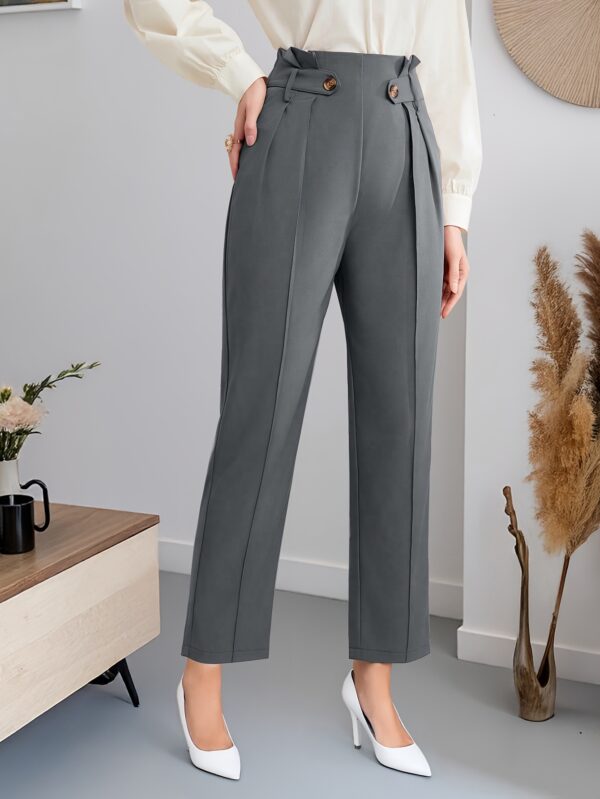 Women's Elegant Solid Color Straight-Leg Pants - Navy Blue Non-Stretch Trousers with Decorative Button Accents, All-Season Versatile Office & Casual Wear, Hand Wash/Dry Clean, Seasonal Versatility, Highwaisted Design, Smooth Fabric Finish, Workwear Essentials, Classic Style, Tailored Fit, Formal Bottoms, Adult Women - Image 10