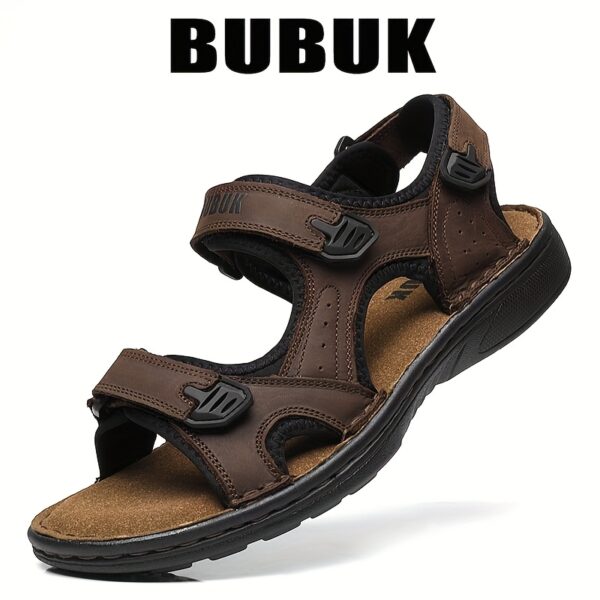 Men's Summer Sandals with Thick Sole, Breathable Head Layer Cowhide, Hook & Loop Closure, Lightweight Fabric Liner, PU Sole & Insole, Solid Color Casual Beach Shoes for Outdoor Activities - Image 5
