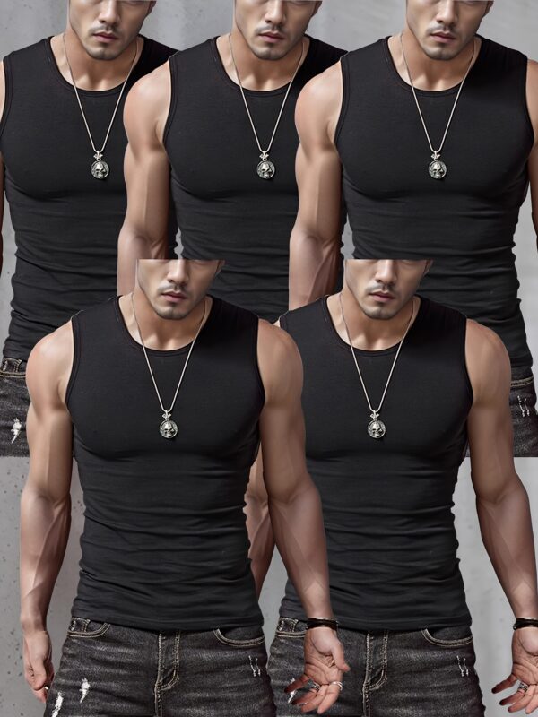 5pcs Men's Vest Wide Shoulder Sports Vest Black Gray White Fitness Underwear Sleeveless T-shirt Comfortable Breathable Round Neck Vest - Image 3
