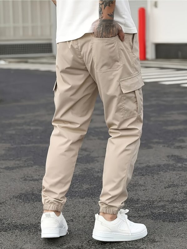 Men'S Casual Solid Color Cargo Pants, Multi-Flap Pocket Drawstring Trousers, Loose Fit Outdoor Work Pants, Streetwear Hip-Hop Style, 100% Polyester, Non-Stretch Woven Fabric, 190gsm - Regular Fit - Image 8