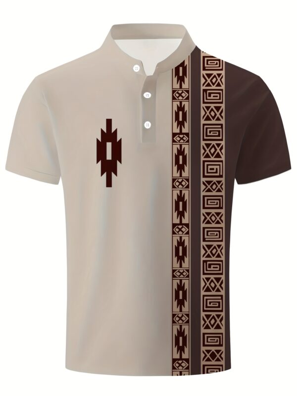 Men's Summer Casual Shirt - Ethnic Geometric Contrast Color Block Design, Asymmetrical Print, Stand-Up Collar & Button Detail, Breathable Short Sleeve for Business Casual & Casual Attire, Durable Fabric Tee, Machine Washable Top - Image 8