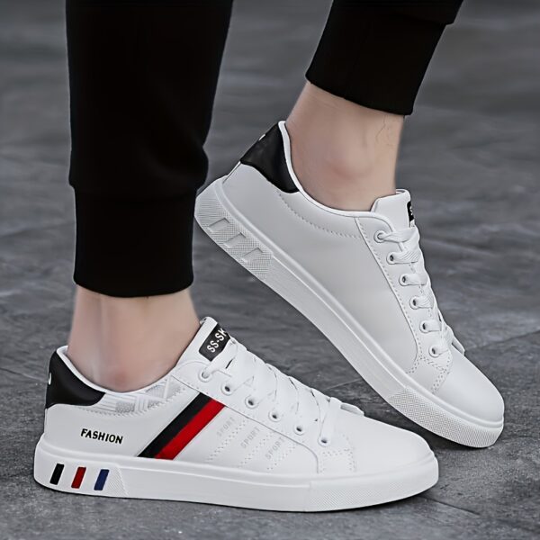 KOONEXY Men's Low-Top Casual Sneakers - White with Striped Accents, Breathable Fabric Lining & Cushioned Comfort for All-Season Outdoor Sports & Casual Attire, Sleek Shoe Design, Durable Traction Footwear, Minimalist Style, Quality Construction, Daily Wear - Image 4