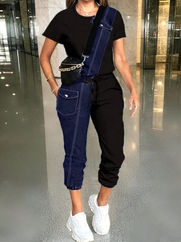 Ladies' Spring/Summer Casual Color blocked Short sleeved Pants Set -222- Round neck Short sleeved Top and Drawstring Pants Elegant and Loose, Women's Gift for Women, Suitable for Commuting, Going Out, Home, s - Image 5