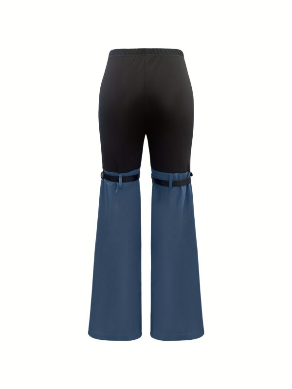 Women'S High-Waist Color Block Flare Pants - Sexy Black & Blue Wide-Leg Trousers with Adjustable Waist Straps, Pockets, and Button Details for Casual or Formal Outfits, High Waisted Pants, Formal Attire, Stylish Waistband, Durable Fabric - Image 3