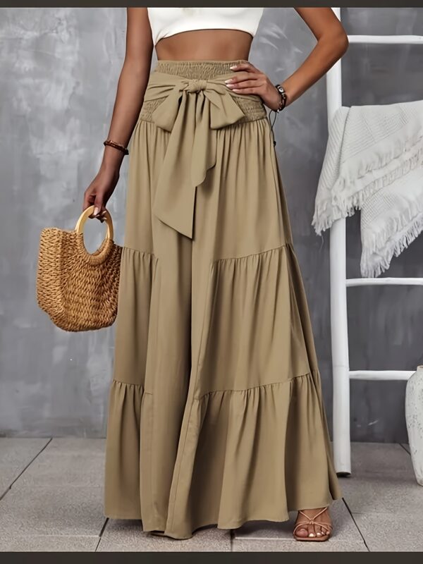 Women's Elegant Wide-Leg Pants with Tie Waist - High Rise, Flowing Design, Solid Beige Color, Polyester Fabric, Machine Washable, All-Season Comfort - Image 3