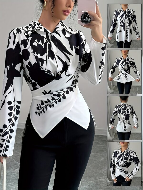 Women'S Elegant Floral Print Long Sleeve Blouse with Ruched Waist - Black and White, Lace-Up Detail, Perfect for Spring/Summer/Fall, Stylish Office Attire|Floral Print Top|Laceup Detail, Ladies Blouses - Image 5