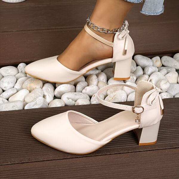 Elegant Women'S Pointed Toe Dress High Heels with Bowknot - Chunky Heel Sandals, Faux Cover, Golden Buckle Strap, Perfect for Summer, Travel, and Wedding Occasions, Wedding Sandals | Elegant High Heels | Synthetic Sandals, Dress Heel - Image 3