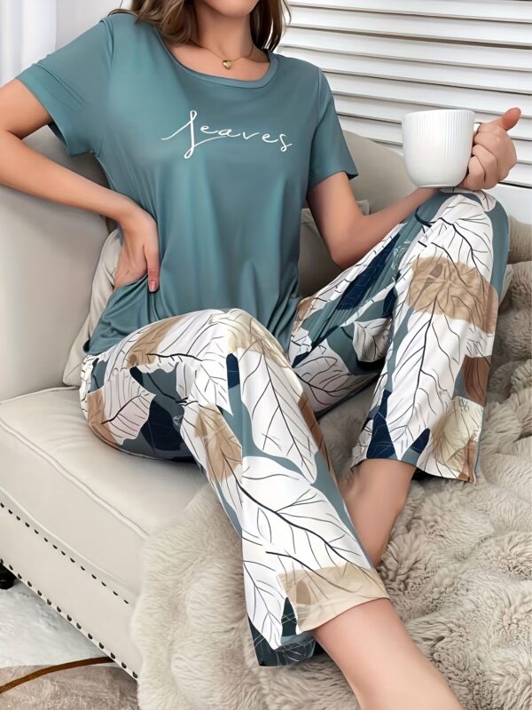 Elegant Leaf Print Pajama Set for Women, Polyester Knit Fabric, Crew Neck Short Sleeve Top and Long Pants Sleepwear Lounge Set with Alphabet Pattern