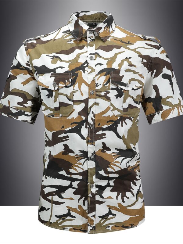 Men's Summer Camo Cotton Shirt - Casual Outdoor Short Sleeve with Chest Pocket, Vintage Style, Non-Stretch Fabric, Plaid Print, Regular Pattern, Military Uniform - Image 2
