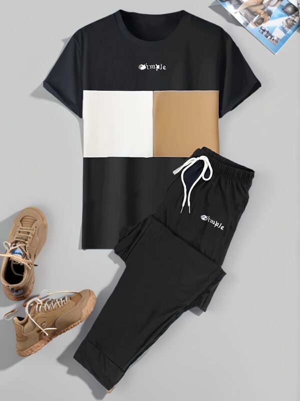 Men'S Casual Color-Blocked Short-Sleeve Round-Neck Loungewear Set with Long Pants - Image 4