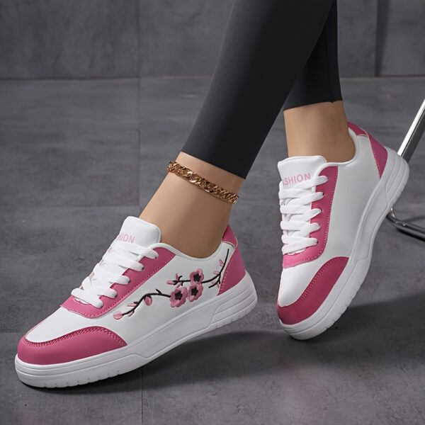 Women'S Floral Embroidered White Sneakers - Low-Top Lace-Up Casual Shoes with Pink Accents, Breathable Fabric Lining & Cushioned PHYLON Sole for All-Season Comfort, Running, Travel, Casual Attire, Ladies Sneakers, Travel Footwear, Elegant Footwear, Durable Footwear - Image 7