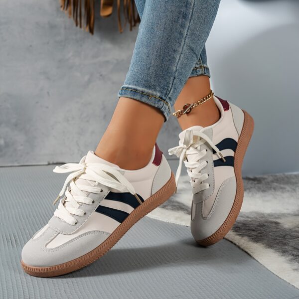 Women's Casual Sneakers - Low-Top Lace-Up Geometric Color-Block Design (White/Navy/Red) | Synthetic Cover & Fabric Upper, Breathable EVA Cushion & Durable PVC Sole | Spring Fashion Versatile Shoes for Daily Commute, Students & Casual Outfits, Ladies Sneakers - Image 4