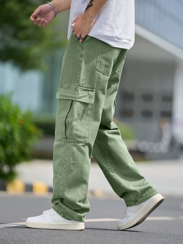 1pc Men'S Casual Cargo Denim Pants, Solid Color, Loose Fit, Non-Stretch, All-Season, Regular Length, Washed Detail, Woven Fabric - Multi-Pocket Design - Image 3