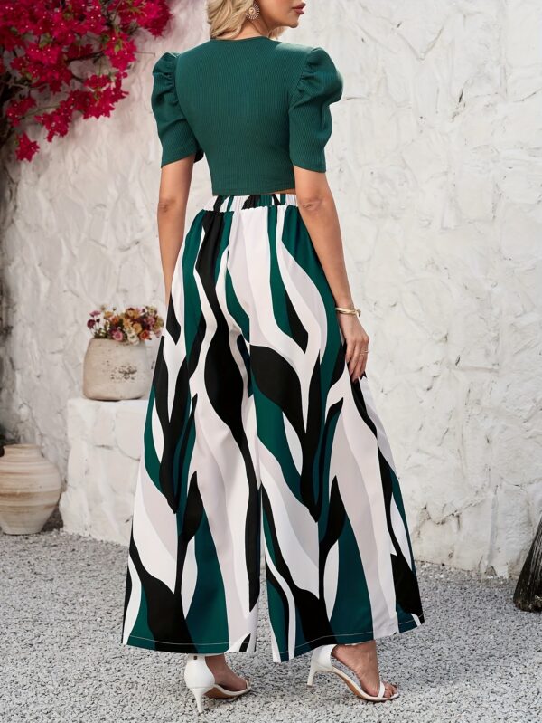 Summer Two-Piece Solid Color Short-Sleeved Top And Color-Blocked Printed Wide-Leg Pants for Leisure Vacation [NS702] - Image 4