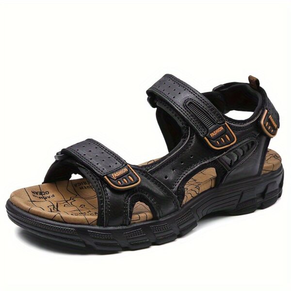Men's Genuine Leather Summer Sandals with Closure, Thick Sole, Open Toe, High Quality, Lightweight & Breathable for Beach, Hiking, and Casual Wear, Casual Outdoor Shoes | Patterned Leather Sandals | Rubber Sole Sandals - Image 3