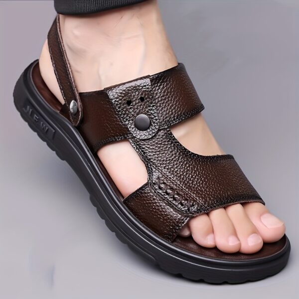 Men's Genuine Leather Sandals - Slip-On Open-Toe Beach Shoes with Non-Slip PU Sole, Brown Casual Summer Footwear for Pool, Vacation, Everyday - Durable & Easy-Clean Mens Sandals, Vacation Footwear, Sleek Strap Design, Breathable Material, Poolside Footwear, Minimalist Design, Outdoor Enthusiasts - Image 3