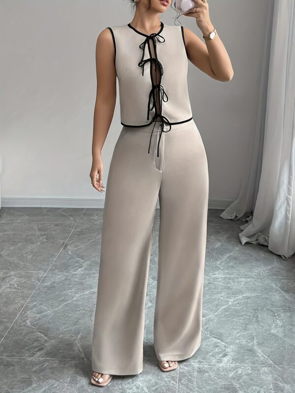 Women'S Casual Two-Piece Set - Sleeveless Top with Lace-up Detail, Wide-Leg Pants, Perfect for Office Commute & Holiday Moments, Office Attire|Casual TwoPiece|Laceup Top, Ladies Casual Wear - Image 9