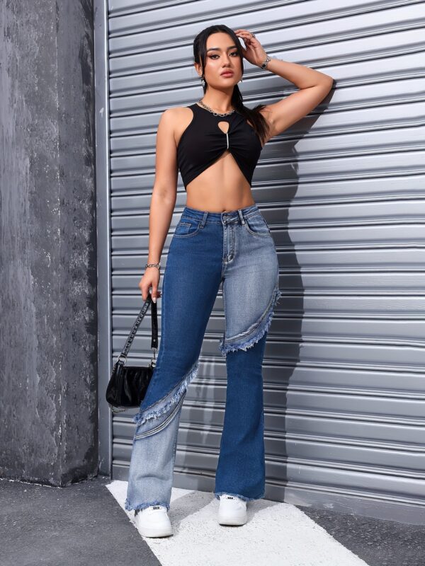 Women's High-Waisted Flare Leg Jeans with Color Block Frayed Stitch Detail - Street Style Denim in Cotton Blend, Medium Stretch, Solid Color for All Seasons - Image 15
