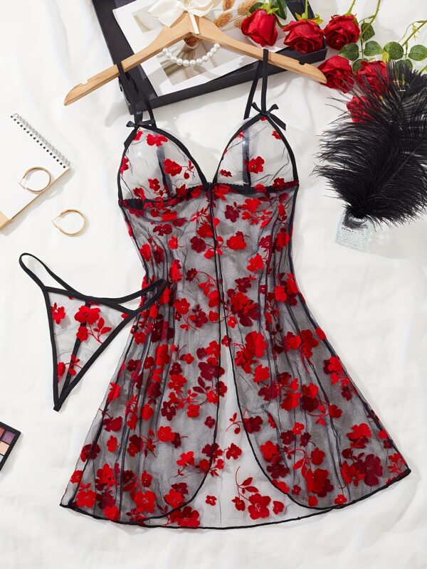 Valentine'S Day Women'S Sheer Sexy Mesh Lace Trim, Fashionable Sexy Design, Briefs Included, Two-Piece Set, Briefs Outfit|Floral Pattern Top|Sexy Lingeri