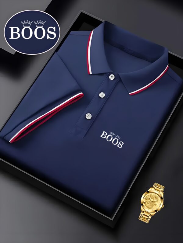 BOOS Men's Classic Shirt - Breathable Summer Short Sleeve, Navy Blue with Red & White Striped Collar, Casual Business & Tennis Training, High-End Polyester Fabric, Button-Up Design