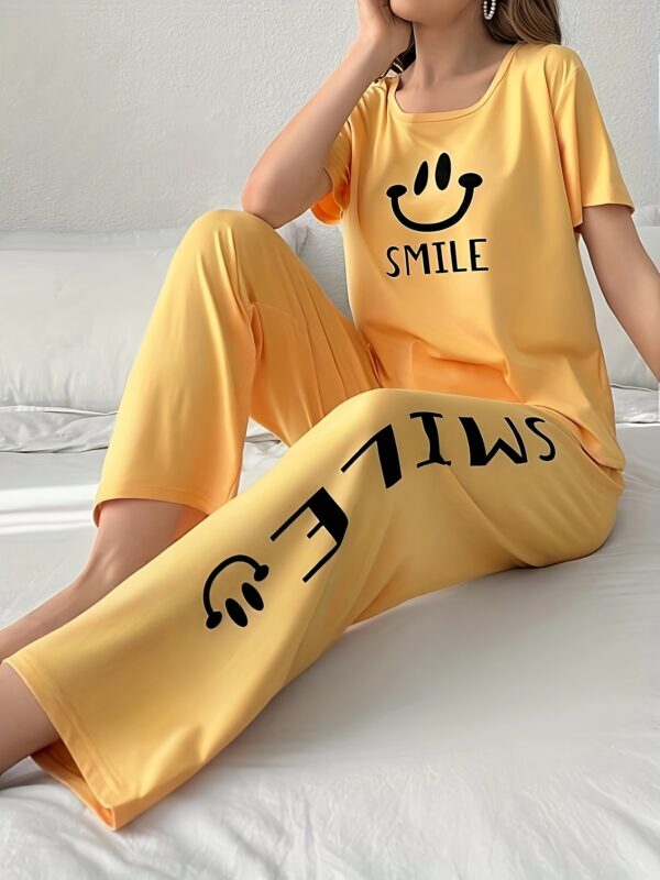 Women'S Casual Yellow joyful Face Pajama Set - Short Sleeve, Long Pants, Crew Neck, All-Season Sleepwear, Comfortable Loungewear, Casual Loungewear|Playful Design|Soft Texture - Image 7