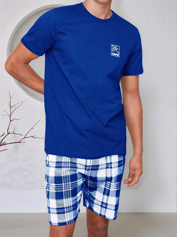 Spring, Summer, and Autumn Men's Fashion Casual Pajama Set with Plaid Print Pants, Polyester Blend, Comfortable Short Sleeve and Shorts Two-Piece Set