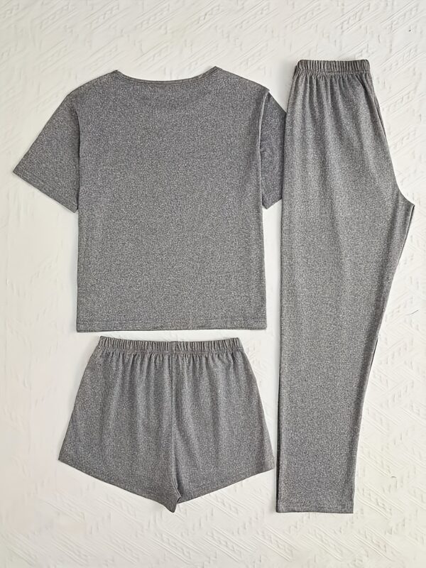 3pcs Women's Spring and Summer Pajama Set - Simple Heart Print Round Neck Short Sleeve Top with Bow Elastic Waist Shorts & Long Pants, Comfortable Casual Home Wear Outfit - Image 10