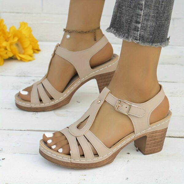 Women's Solid Color Stylish Sandals, Summer T-Strap High Heels, Casual One-Strap Non-Slip Chunky Heels - Image 10