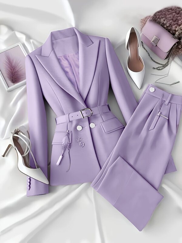 Elegant Solid Color Urban Commuting Suit for Women with Belt and Pants, Perfect for Spring/Summer, Includes Shoes and Clutch, Office Ready Attire|Sophisticated Style|Pocketed Pants