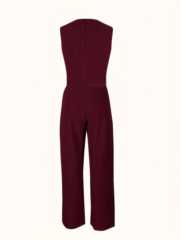Women'S Elegant Solid Color Fashion Pantsuit with Button Front, Faux Pockets, and High Waist Ruched Trousers - Chic Sleeveless Vest and Wide-Leg Pants Set for Spring/Fall, Stylish Outfit|Sleek Farewell|Polyester Fabri - Image 2