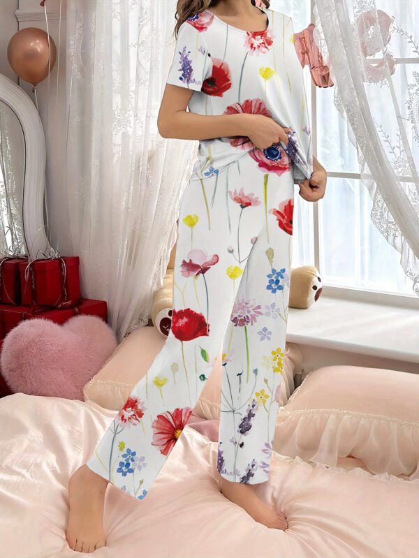 Floral Print Pajama Set, Casual Short Sleeve Round Neck Top & Elastic Pants, Women's Sleepwear