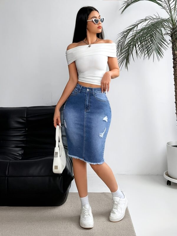 Women's Casual Distressed Knee-Length Denim Skirt - Mid-Stretch Machine-Washable Pencil Skirt for Spring Summer Fall, Regular Fit Solid Color Casual Attire, Seasonal Fashion, Medium Elasticity - Image 8